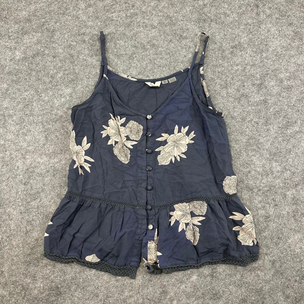 Roxy Camisole Top Womens Medium Blue‎ Floral Button Up Peplum Crochet Trim Cami